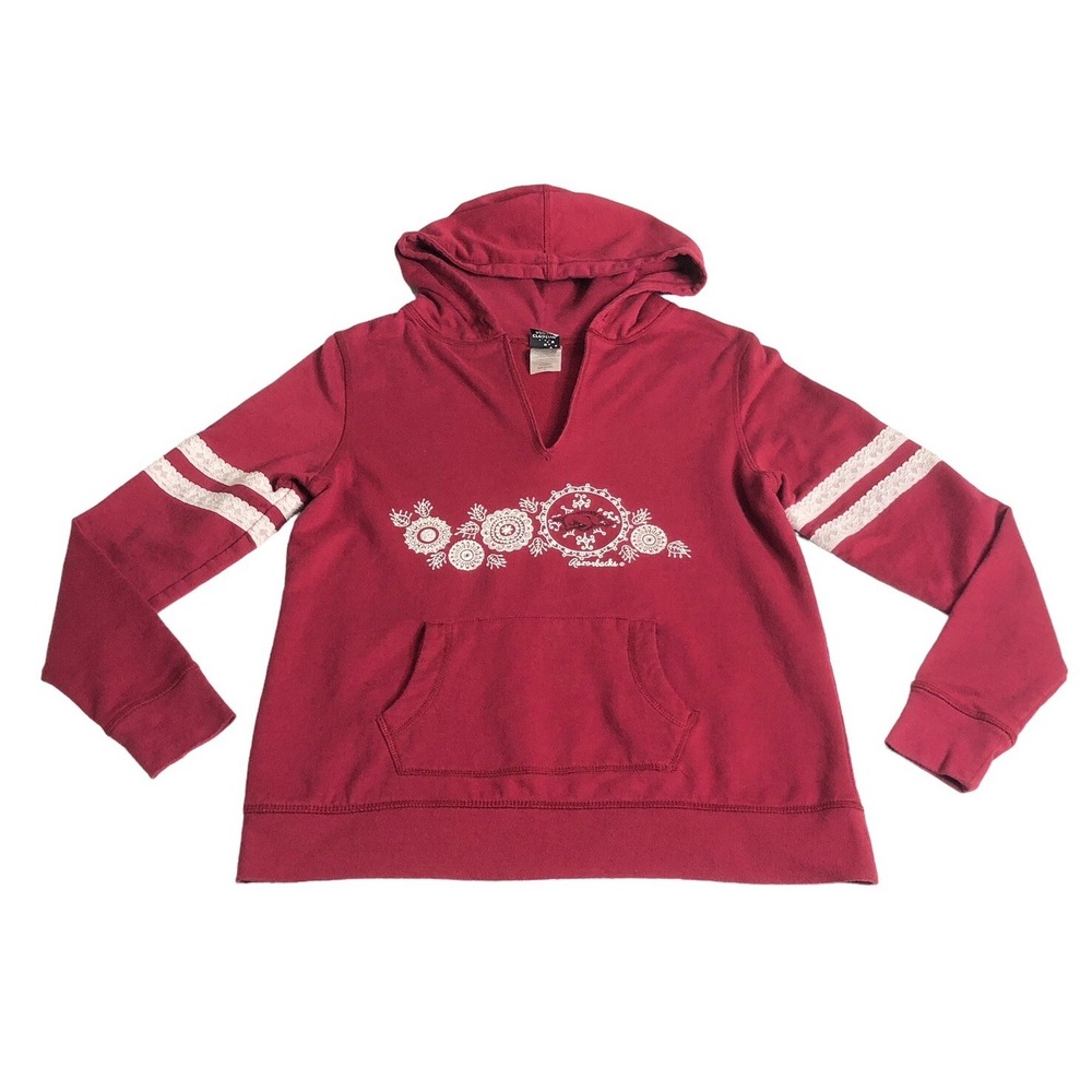 Arkansas Razorbacks Hoodie Women L Red Geometric Lace Split Neck Pocket Pullover